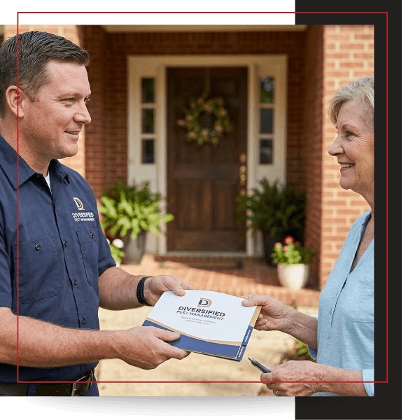 a friendly Diversified Pest Management technician hands a client some paperwork