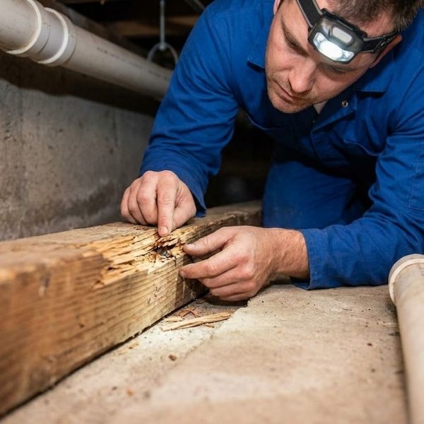 specialist looking at termite damaged wood in basement