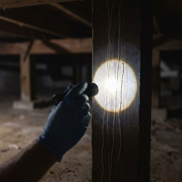 finding termite damage on wood beam underneath house