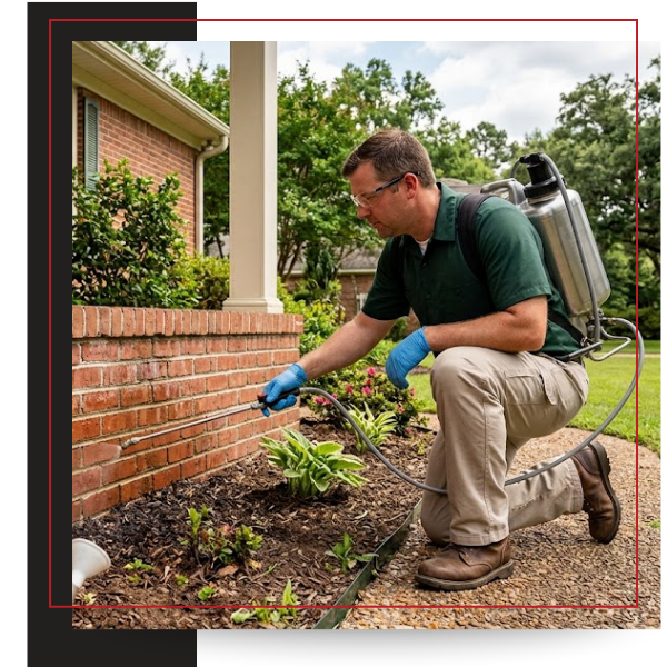 technician applying a clear, eco-friendly perimeter barrier around the exterior brick foundation of a Mississippi home