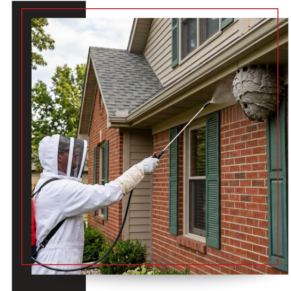 tech spraying large nest in full bee suit