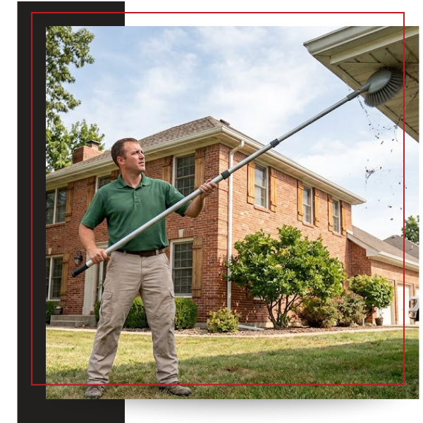 technician knocking down spider web