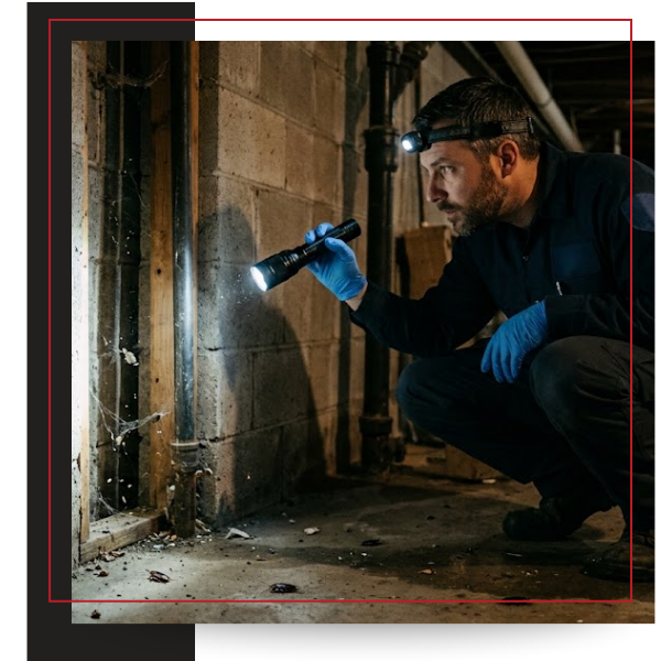 pest technician inspecting a dark, damp basement corner with a high-powered flashlight