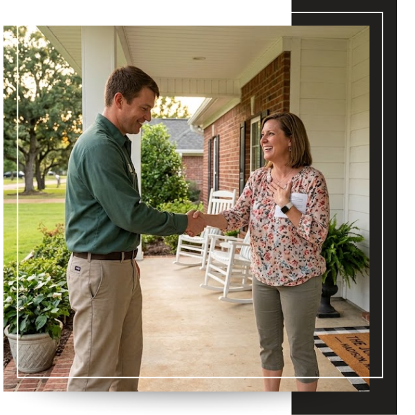 technician shaking hands with a relieved homeowner on their front porch